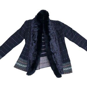 Faux Fur Open Cardigan Sweater LARGE Women's Black Long Sleeve Top